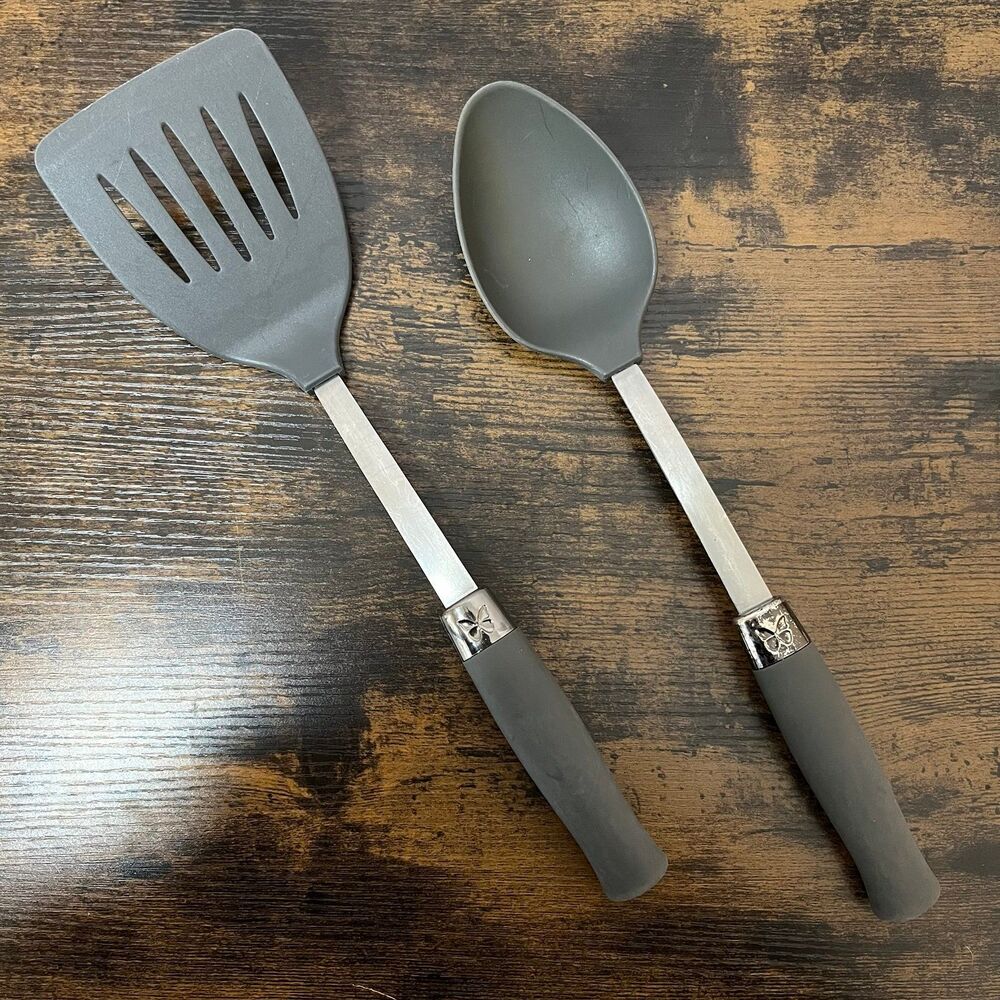 Pioneer Woman Set of 2 Gray Serving Spoon & Spatula 14” Butterfly Handle